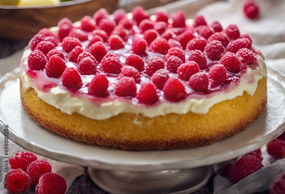 AI illustration of a white ceramic plate with a slice of raspberry cake. AI illustration of a white ceramic plate with a slice of raspberry cake.