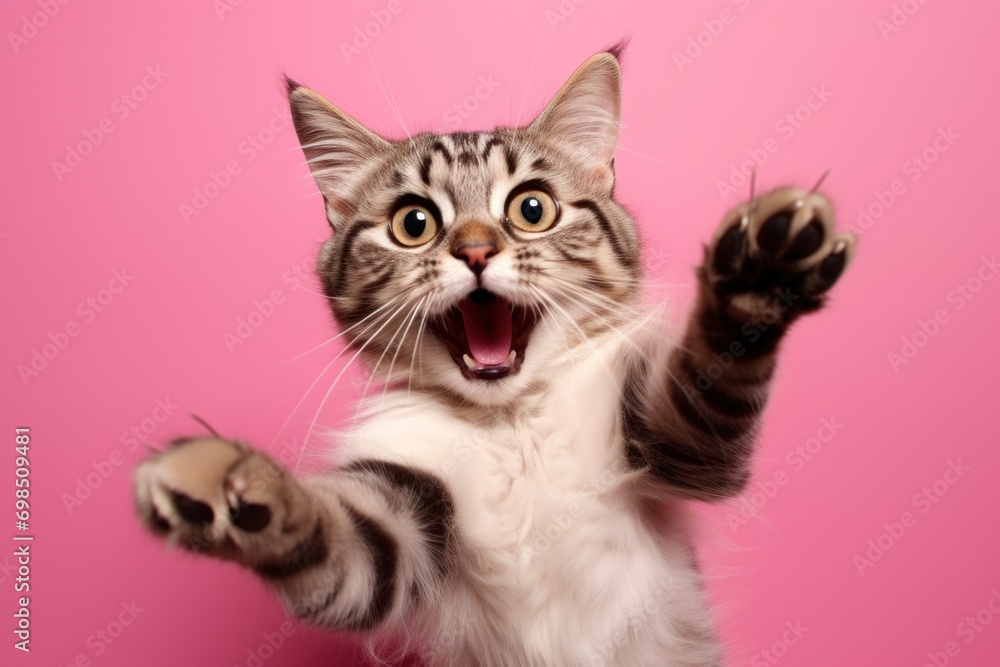 Funny playful cat flying, tabby cat jumping looking at camera on pink background Funny playful cat flying, tabby cat jumping looking at camera on pink background