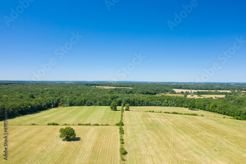The green countryside with its forests and fields in Europe  France  Burgundy  Nievre  towards Nevers  in summer  on a sunny day.