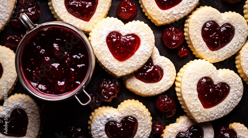 flour cookies in the shape of a heart with strawberry jam and powdered sugar on a silver tray photo