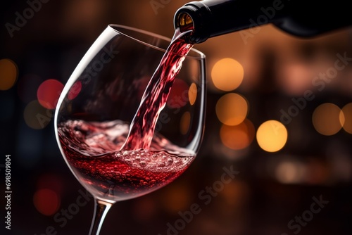 Pouring red wine into a glass against a bokeh light background photo