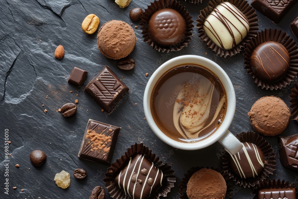 Chocolate Sweets on Natural Black Stone with White Coffee Cup. Background. Scattered Chocolates Chocolate Sweets on Natural Black Stone with White Coffee Cup. Background. Scattered Chocolates