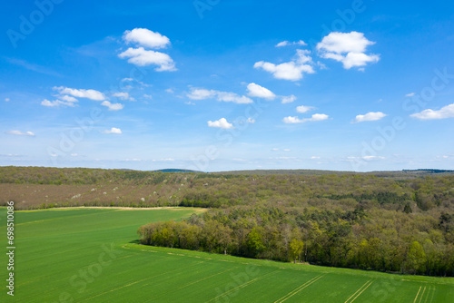 The forests and fields of the countryside in Europe, in France, in Burgundy, in Nievre, towards Nevers, in Spring, on a sunny day.
