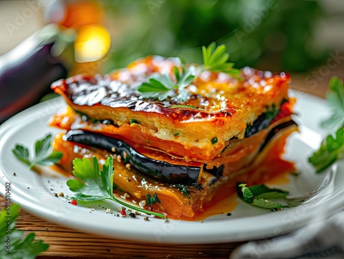 Millefeuille with Eggplants and Carrots on White Restaurant Plate, Fried Sliced Eggplant and Carrot photo