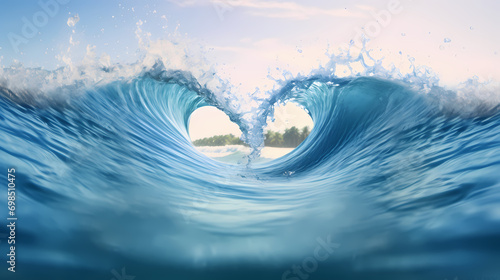 Heart shaped waves in light blue sea, Valentine's Day background