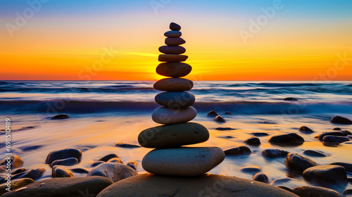 Landscape with balancing stones near the ocean coast at sunset