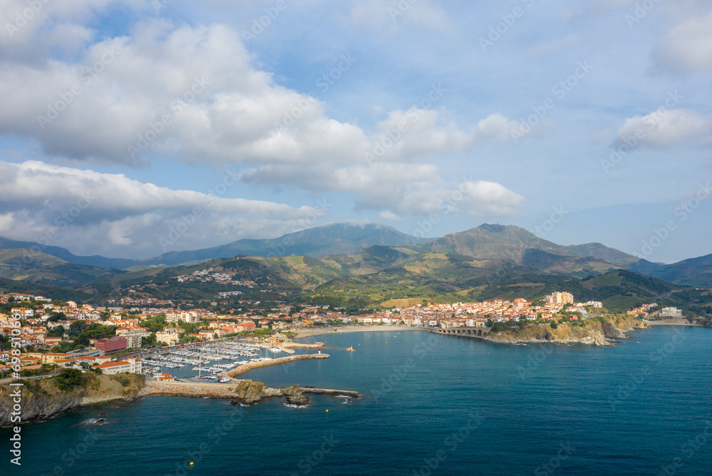 The medieval town by the sea in Europe, France, Occitanie, Pyrenees Orientales, Banyuls-sur-Mer, By the Mediterranean Sea, in summer, on a sunny day.
