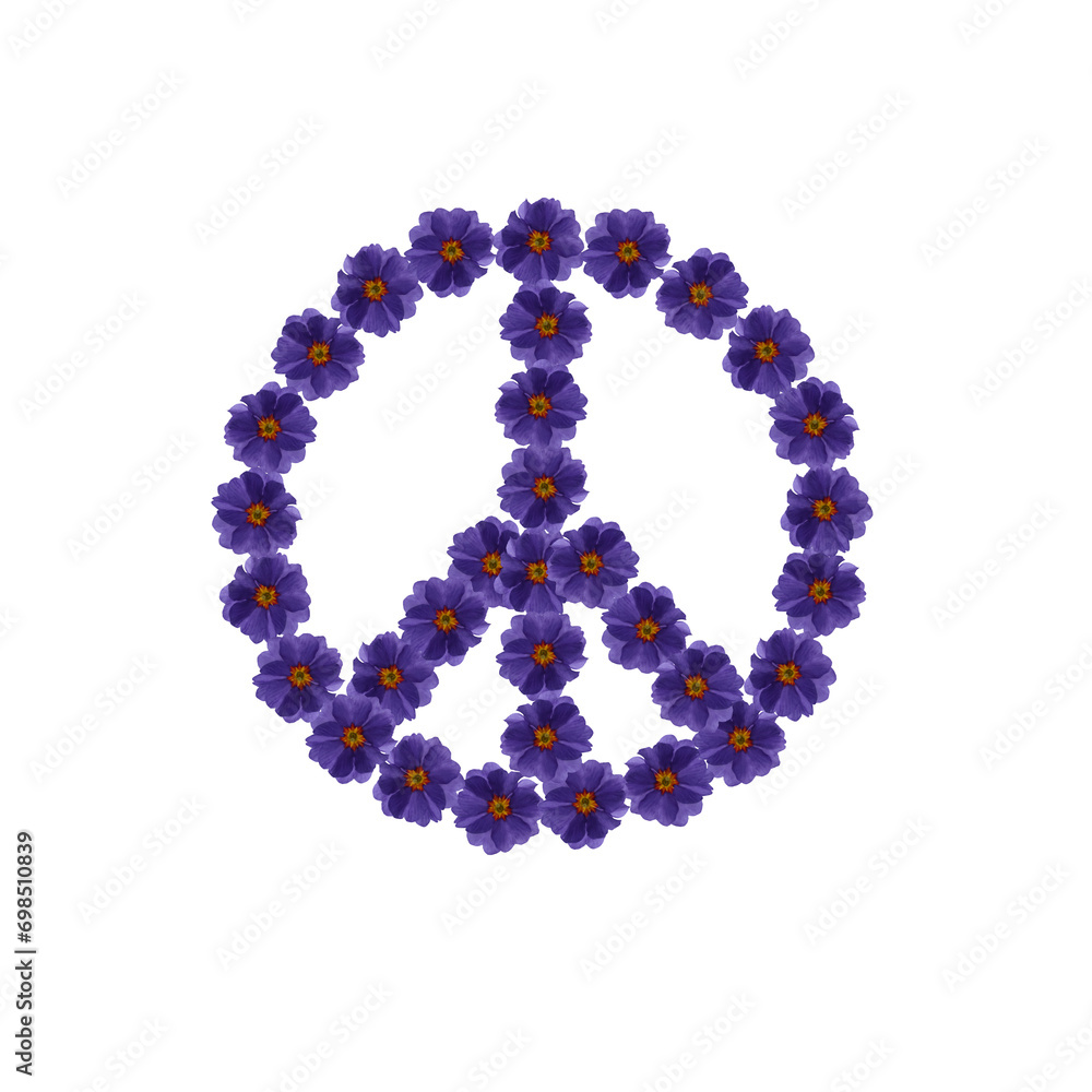 Hippie peace symbol made of purple primula flowers on white background Hippie peace symbol made of purple primula flowers on white background