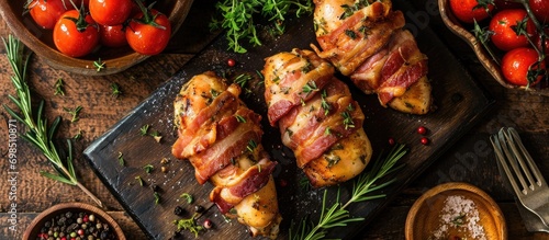 Bacon-wrapped chicken breasts on table photo