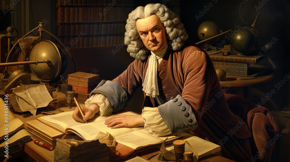 Obraz premium An illustration showing Newton, working on his book 
