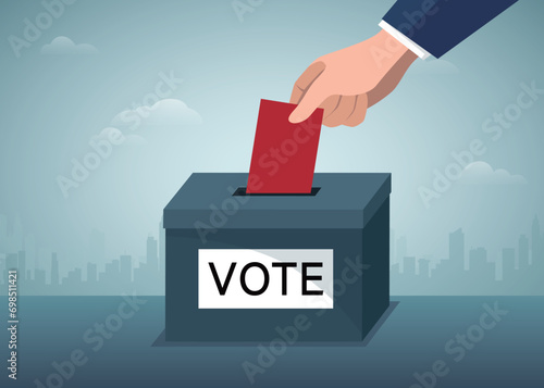 Vote ballot box. People putting pepper vote into the box. Election concept. Democracy, Freedom of speech, justice voting and opinion. Referendum and poll choice event. Vector illustration