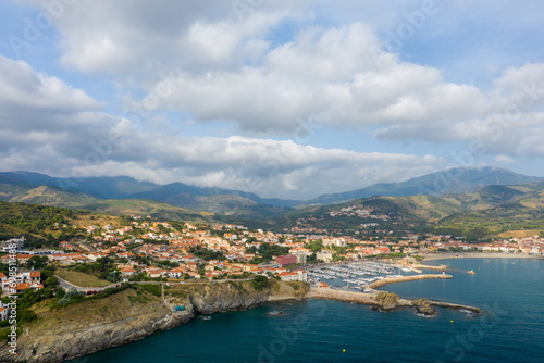 The medieval town by the sea in Europe, France, Occitanie, Pyrenees Orientales, Banyuls-sur-Mer, By the Mediterranean Sea, in summer, on a sunny day. © Florent