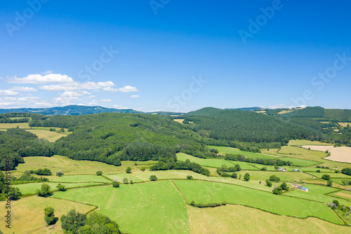 The countryside with its forests and green fields in Europe, France, Burgundy, Nievre, towards Chateau Chinon, in summer, on a sunny day.