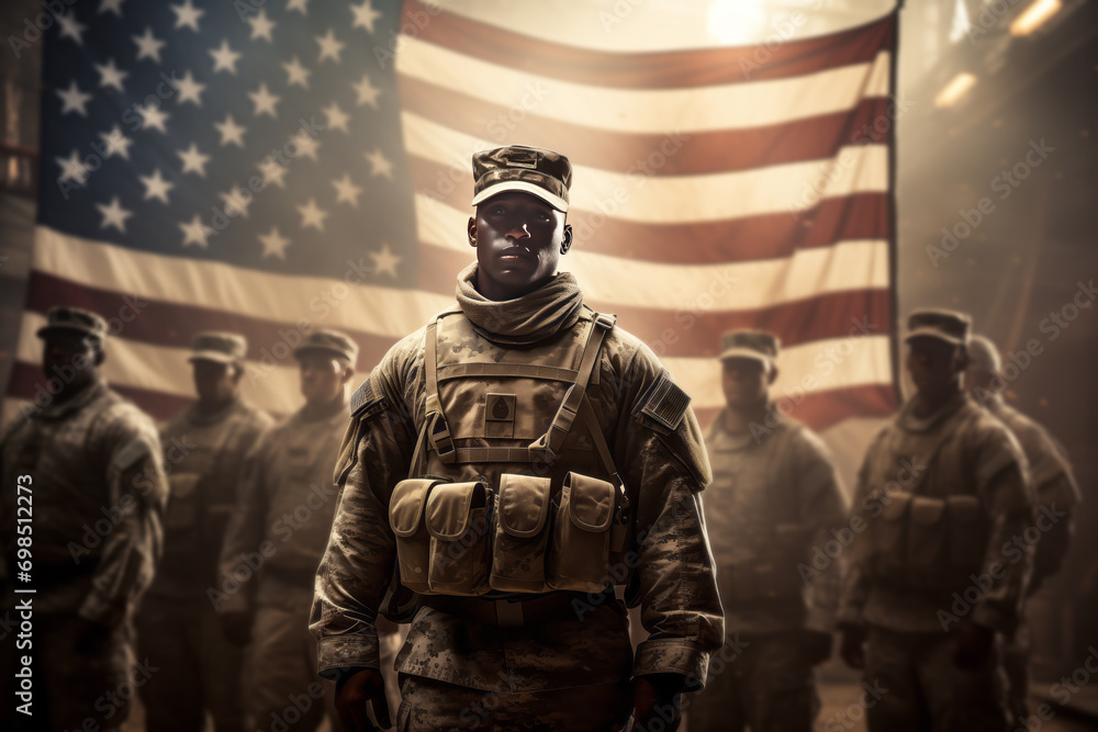 Fototapeta premium American Army Rangers against the background of the US flag