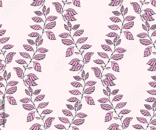 Artistic stylized branches leaves intertwined in a seamless pattern on a light background. Vector hand drawn. Abstract tropical graphics pink leaf stems print. Design for textile, fashion, fabric