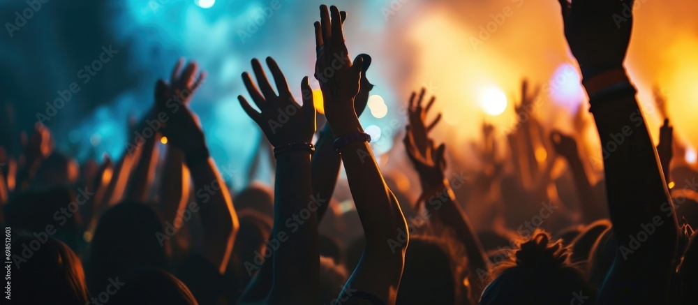 Silhouettes of raised hands at a nightclub rave. - obrazy, fototapety, plakaty 