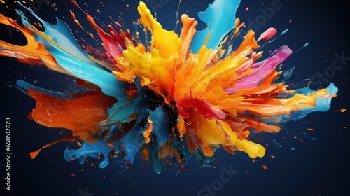  a multicolored explosion of paint on a dark blue background with a reflection of the object in the center of the image. © Olga