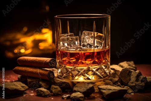 Whiskey in a crystal glass next to a cigar on a wooden surface with a warm bokeh background © ParinApril