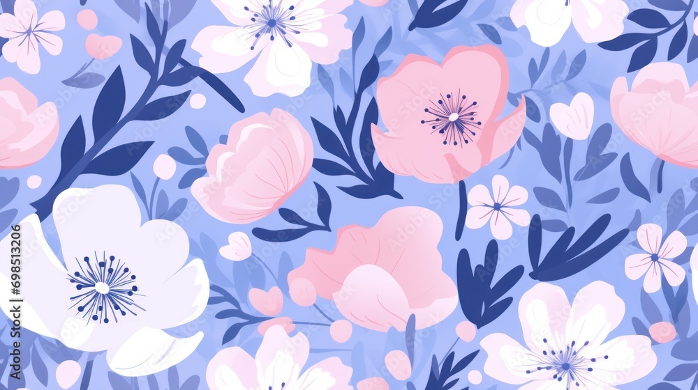  a blue and pink floral wallpaper with pink and white flowers on a blue background with pink and white flowers.