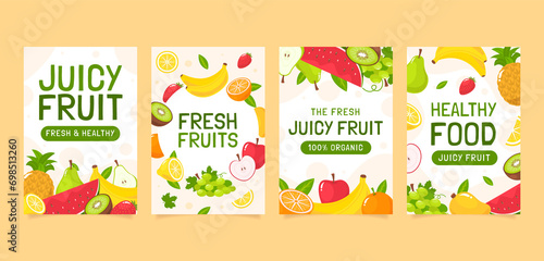 Hand drawn juicy fruit cards collection with fresh fruit pieces