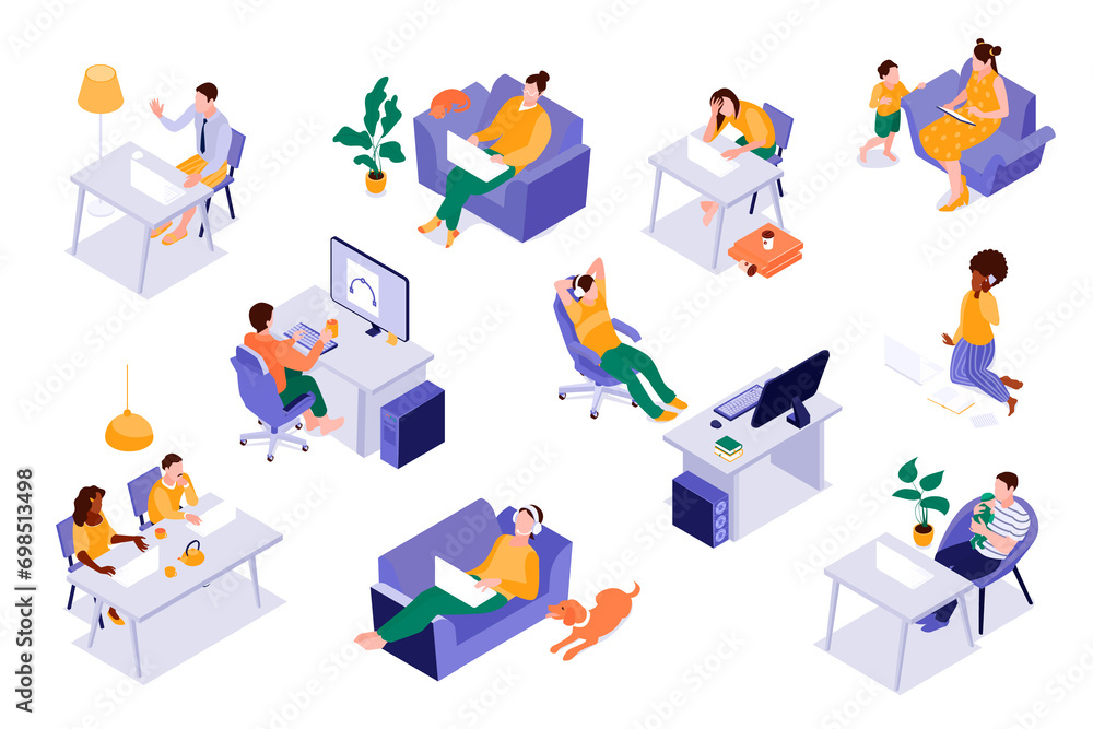 Isometric work from home illustration collection with people