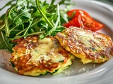 Zucchini Pancakes with Cheese Sauce, Delicious Courgette Fritters, Vegetable Patty with Arugula