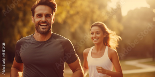 Portrait of friends jogging in the park.