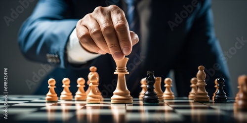 A person in a business suit making a move in a game of chess