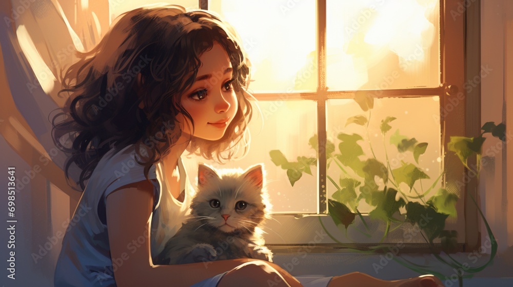 A serene mixed race girl sitting on a cushioned window seat, gazing lovingly at a calico kitten nestled in her lap, with soft sunlight streaming through the window.