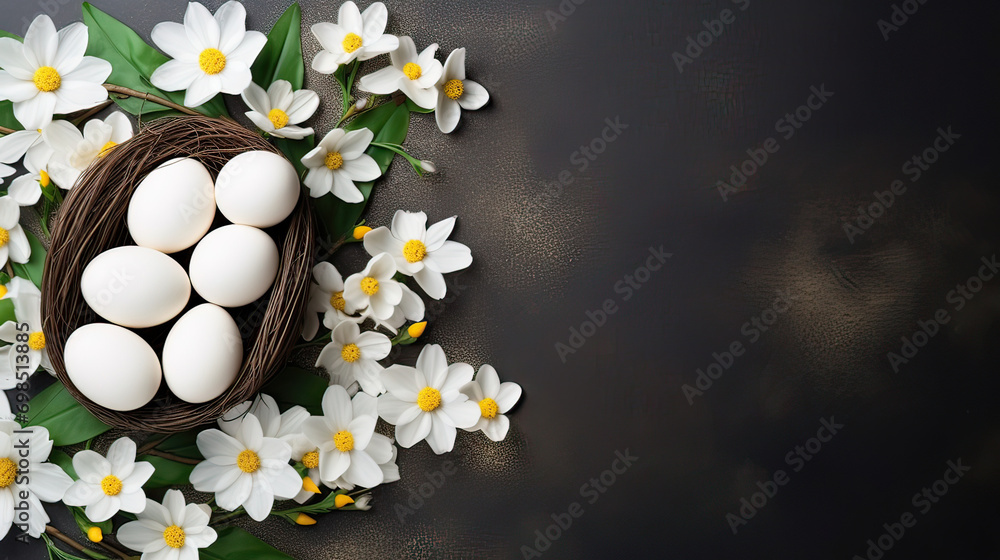  A colorful eggs on a branch surrounded by flowers on black background Perfect for Easter or spring-themed designs, greeting cards, or illustrations for children's books.Easter holiday card concept.