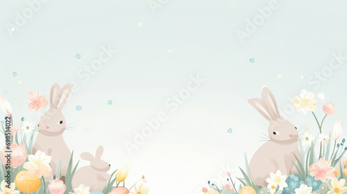 aster bunny with flowers and eggs, a cute bunny surrounded by colorful flowers and Easter eggs.for Happy Easter banner, poster, greeting card.Easter holiday card concept.copy space