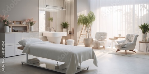 Interior of a modern, bright beauty salon with treatment bed photo