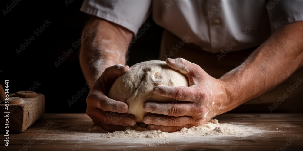 Close-up of a baker's hands kneading dough on a wooden surface