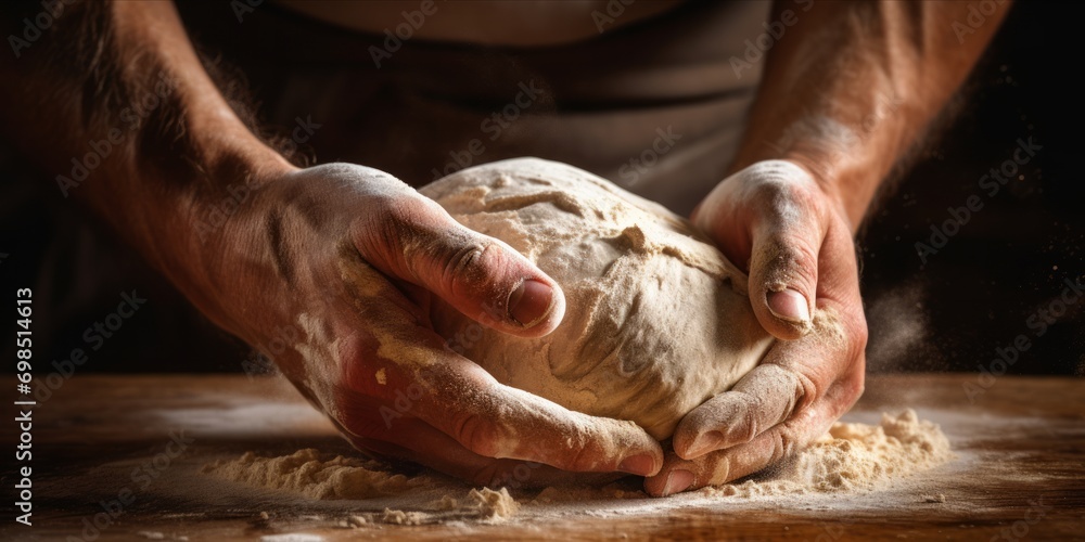 Close-up of a baker's hands kneading dough on a wooden surface