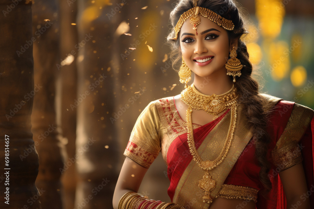 indian bride wearing traditional saree and gold jewelry - obrazy, fototapety, plakaty 