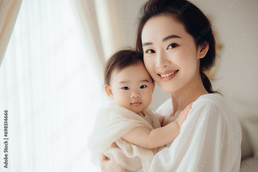 A Snapshot of Blissful Motherhood with a Smiling Young Asian Mother and Her Little Baby at Home A Snapshot of Blissful Motherhood with a Smiling Young Asian Mother and Her Little Baby at Home