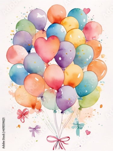 Watercolor birthday Balloons  A card featuring a bunch of colorful balloons  each with a sweet birthday wish.