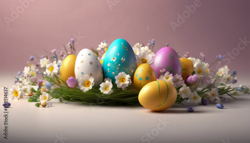 Celebrazione Primaverile- Uova Pasquali Realistiche e Fiori per una Felice Pasqua photo