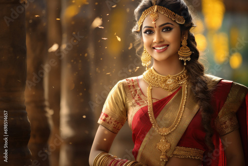 Leinwand Poster indian bride wearing traditional saree and gold jewelry