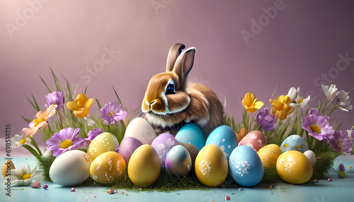 Festività Pasquali- Uova Realistiche e Fiori di Primavera in uno Sfondo Gioioso, presenza del coniglio nell'immagine photo