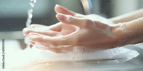 Washing Hands with Soap Closeup. Woman Wash her Palms, Soapy Arms, Washing Hands photo