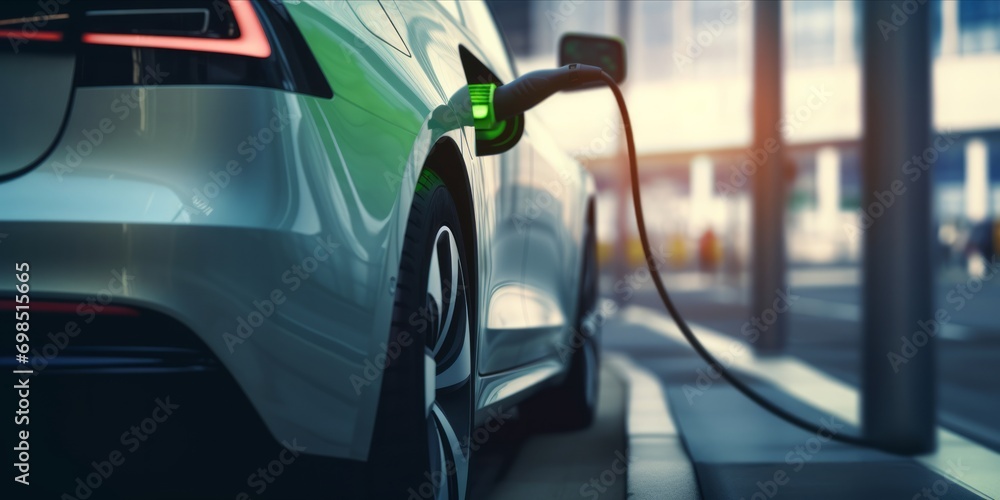 Electric vehicle being charged at a charging station. Electric vehicle being charged at a charging station.