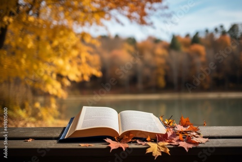 Open book and autumn leaves on a bench with a lake and trees in the background