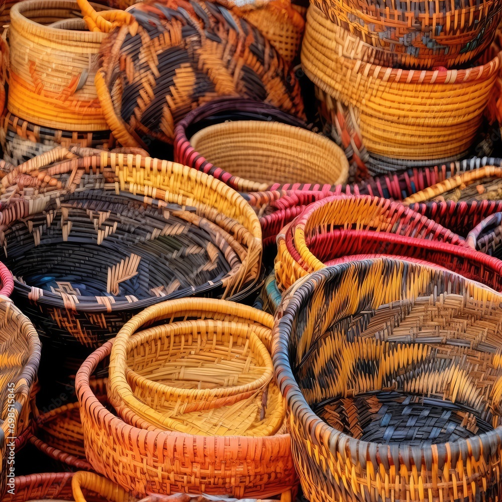 Wicker Baskets Seamless Pattern, New Wickerwork, Hand Made Basket Mockup, Bamboo Container Wicker Baskets Seamless Pattern, New Wickerwork, Hand Made Basket Mockup, Bamboo Container