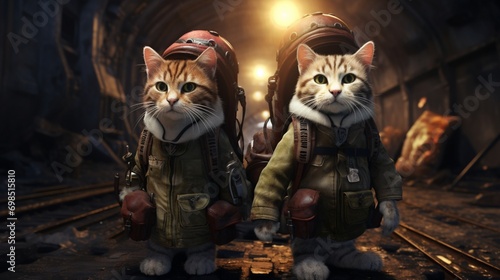 An artistic depiction of two twin cats dressed in coordinating clothes, their backpacks adding a touch of adventure © PZ Studio