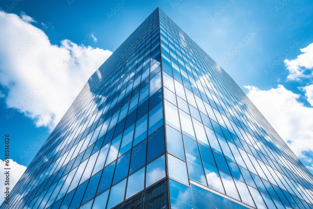 Reflective glass facade of a skyscraper against a blue sky with clouds. Reflective glass facade of a skyscraper against a blue sky with clouds.