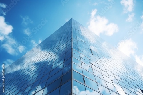 Reflective glass facade of a skyscraper against a blue sky with clouds.