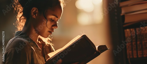 Woman holding Bible, reading and praying. photo
