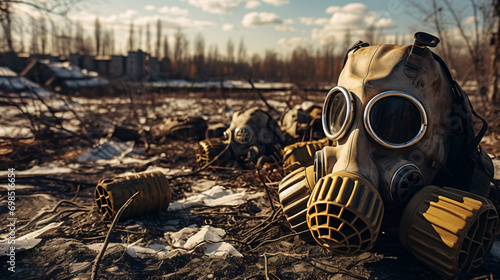 Gas masks and respirator in ruined Pripyat a ghost photo
