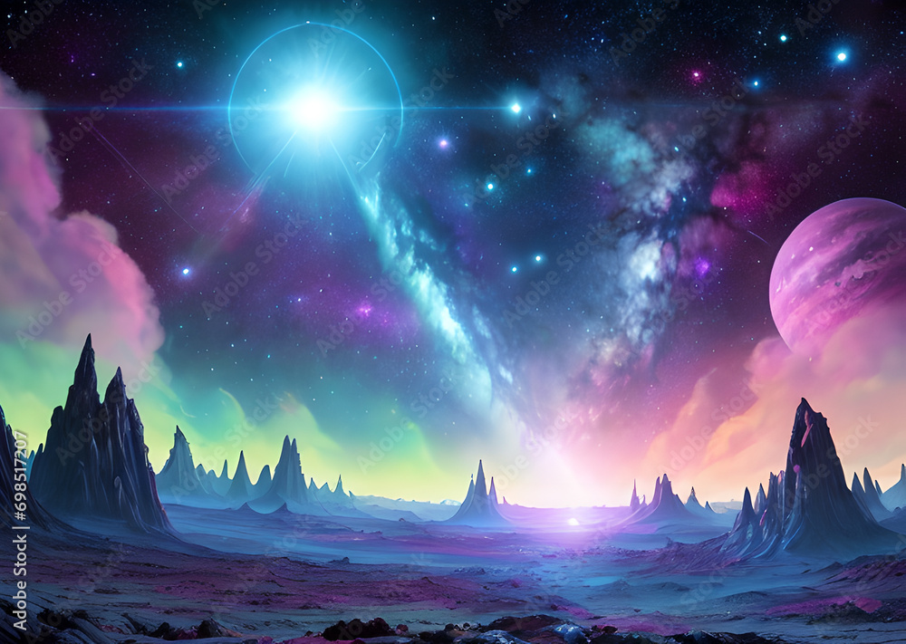 Beautiful landscape of space planets in purple shades,Generative AI